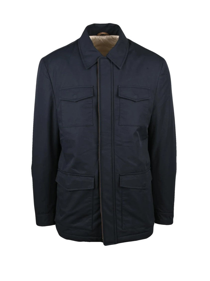 Luigi Borrelli Napoli Blue Suede Trim Quilted Polyester-Blend Jacket