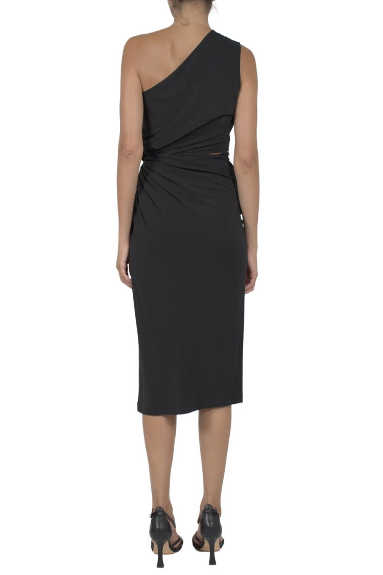 Bottega Veneta Black One-Shoulder Draped Cut-Out Viscose Midi Dress