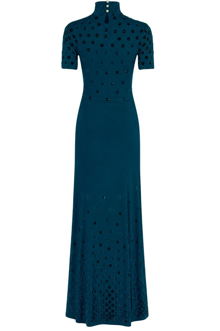 Rabanne Petrol High Neck Side Draped Viscose Dress