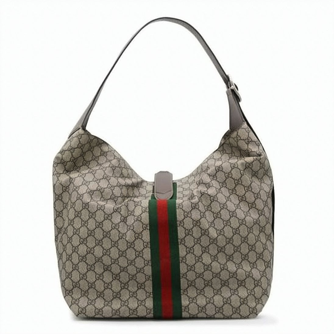 Gucci Beige Monogram Canvas Medium Shoulder Bag With Web Stripe