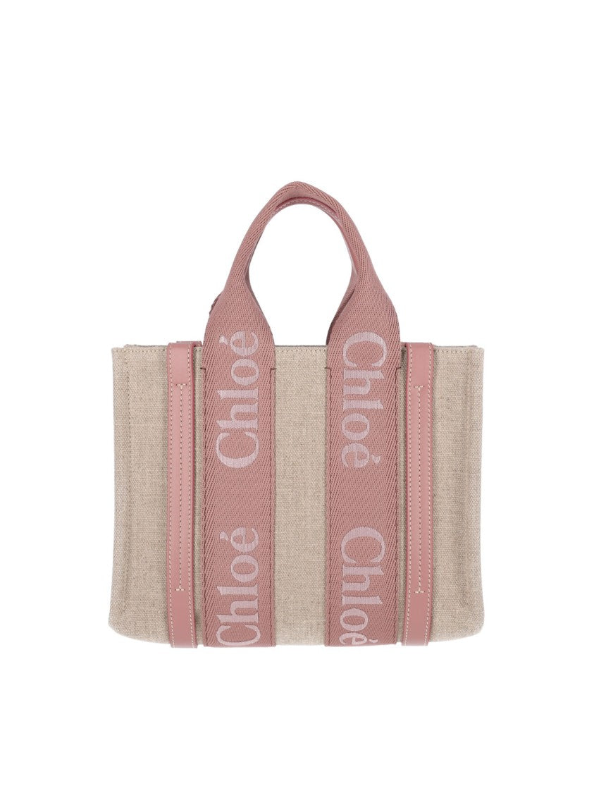 Chloé Beige Woody Linen Logo Tote Bag