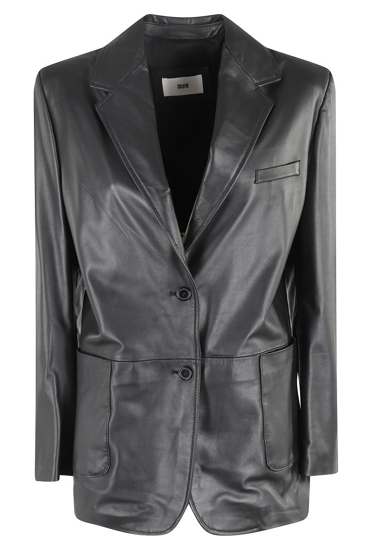 Solotre Tailored Black Leather Single-Breasted Blazer