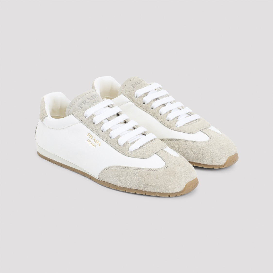 Prada Ivory And Beige Calf Leather Sneakers