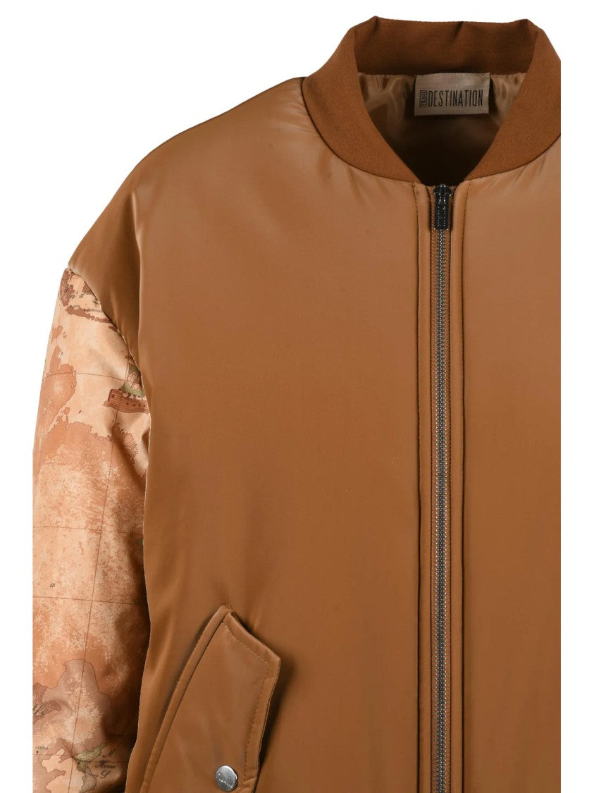 1 Classe Destination Brown Map Print Padded Viscose-Blend Bomber Jacket
