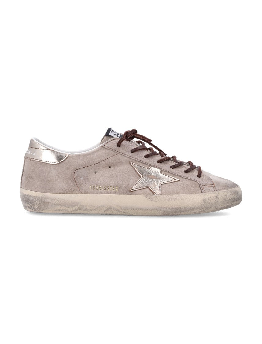 Golden Goose Distressed Beige Suede Sneakers With Metallic Silver Star Detail