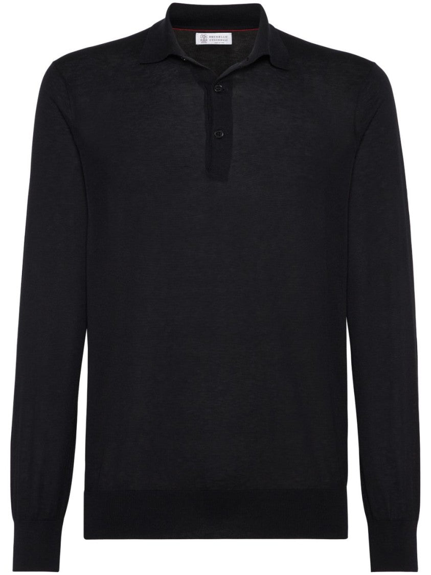 Brunello Cucinelli Black Long-Sleeve Polo With Classic Collar