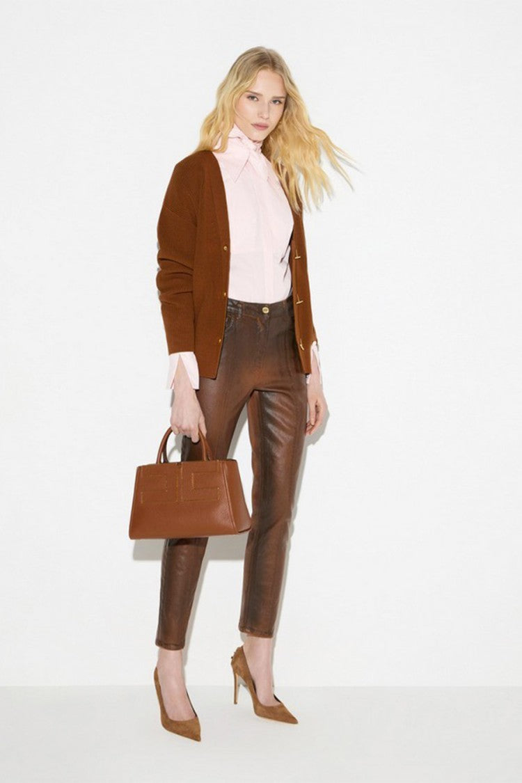 Elisabetta Franchi Brown Viscose-Blend Ribbed Cardigan