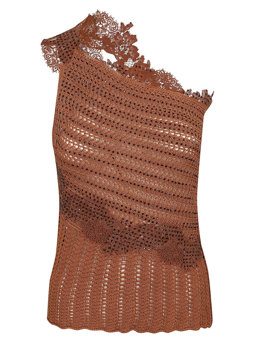 Ermanno Scervino One-Shoulder Brown Cotton Top With Intricate Lace Detailing