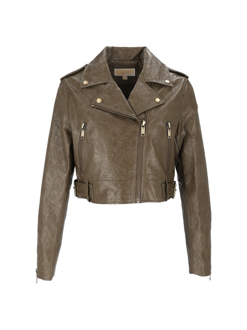 Michael Kors Brown Crop Fx Faux Leather Moto Jacket