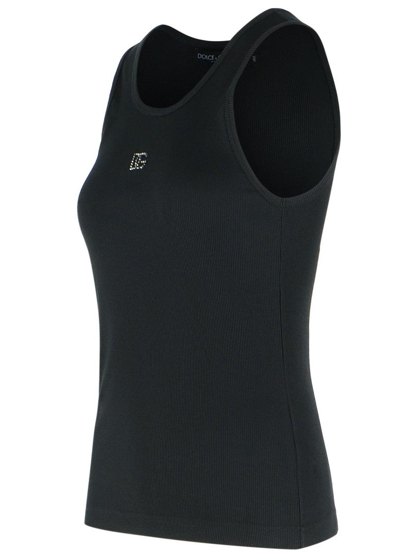 Dolce & Gabbana Tank Top In Textile Glass And Black Polyetsere