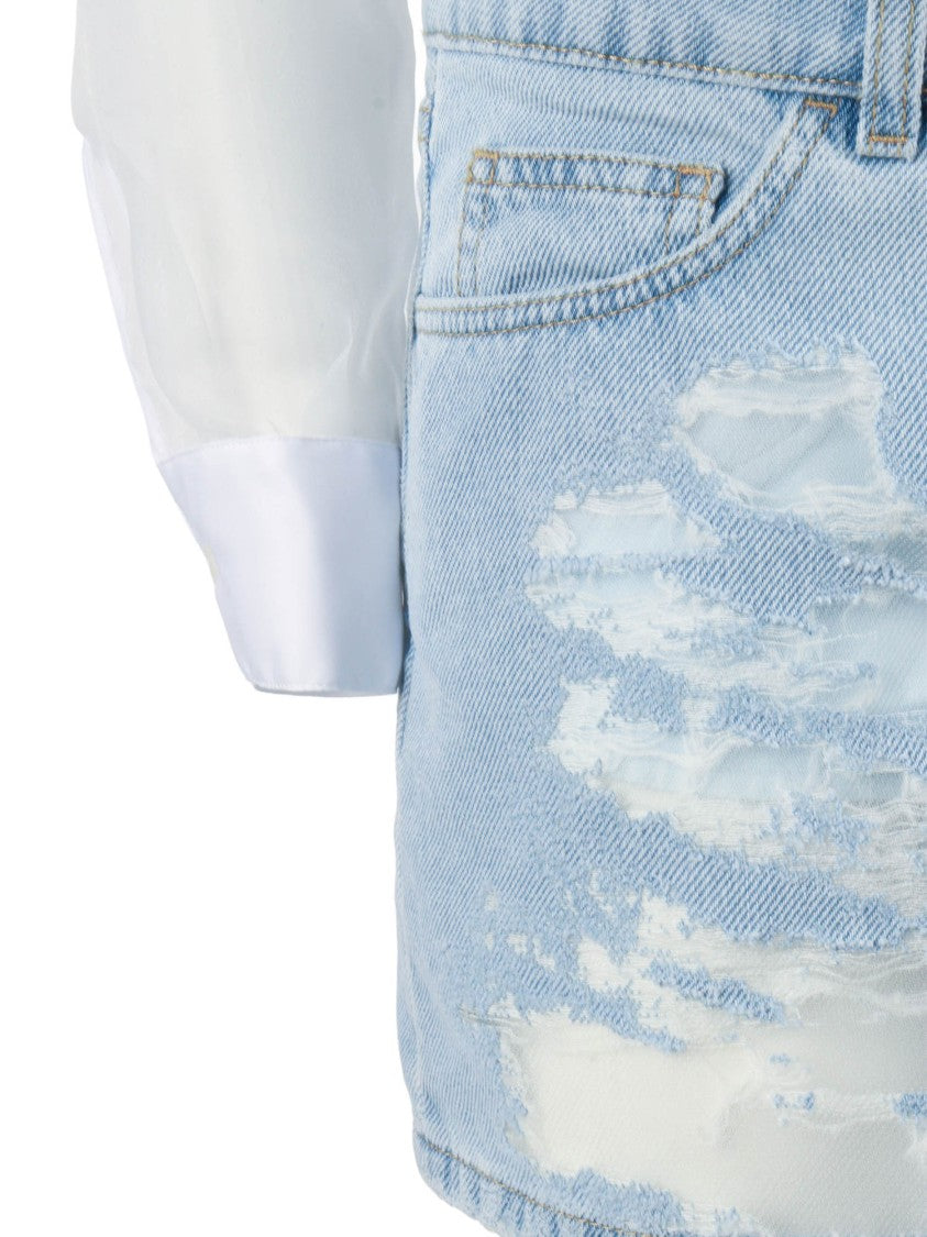 Elisabetta Franchi White Blouse Distressed Denim Jumpsuit