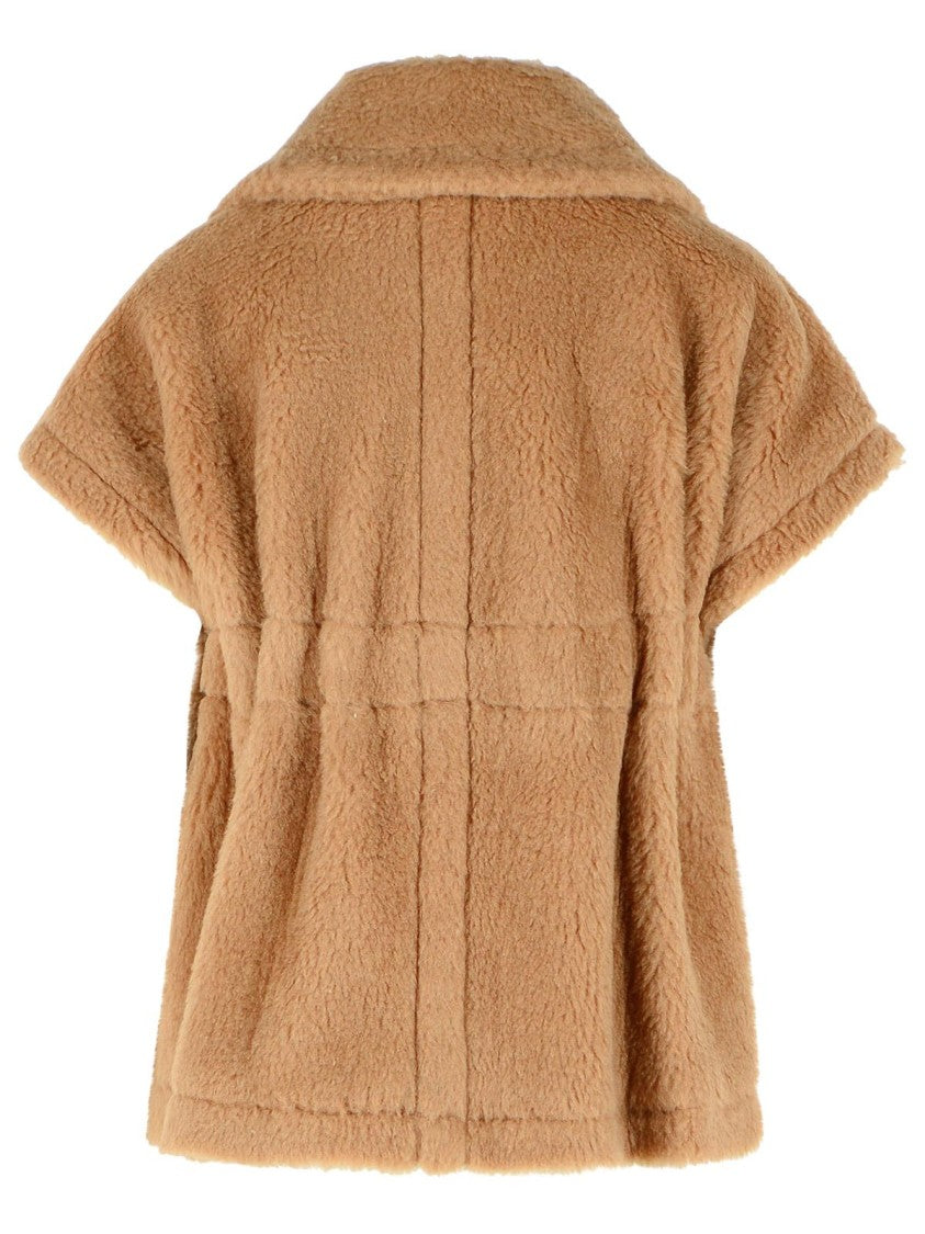 Max Mara Camel Teddy Fabric Cape With Leather Closure And Viscose Lining