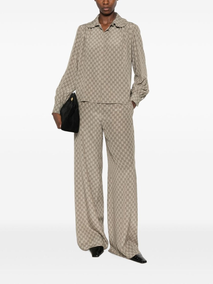 Gucci Monogram High-Waisted Wide-Leg Silk Pants