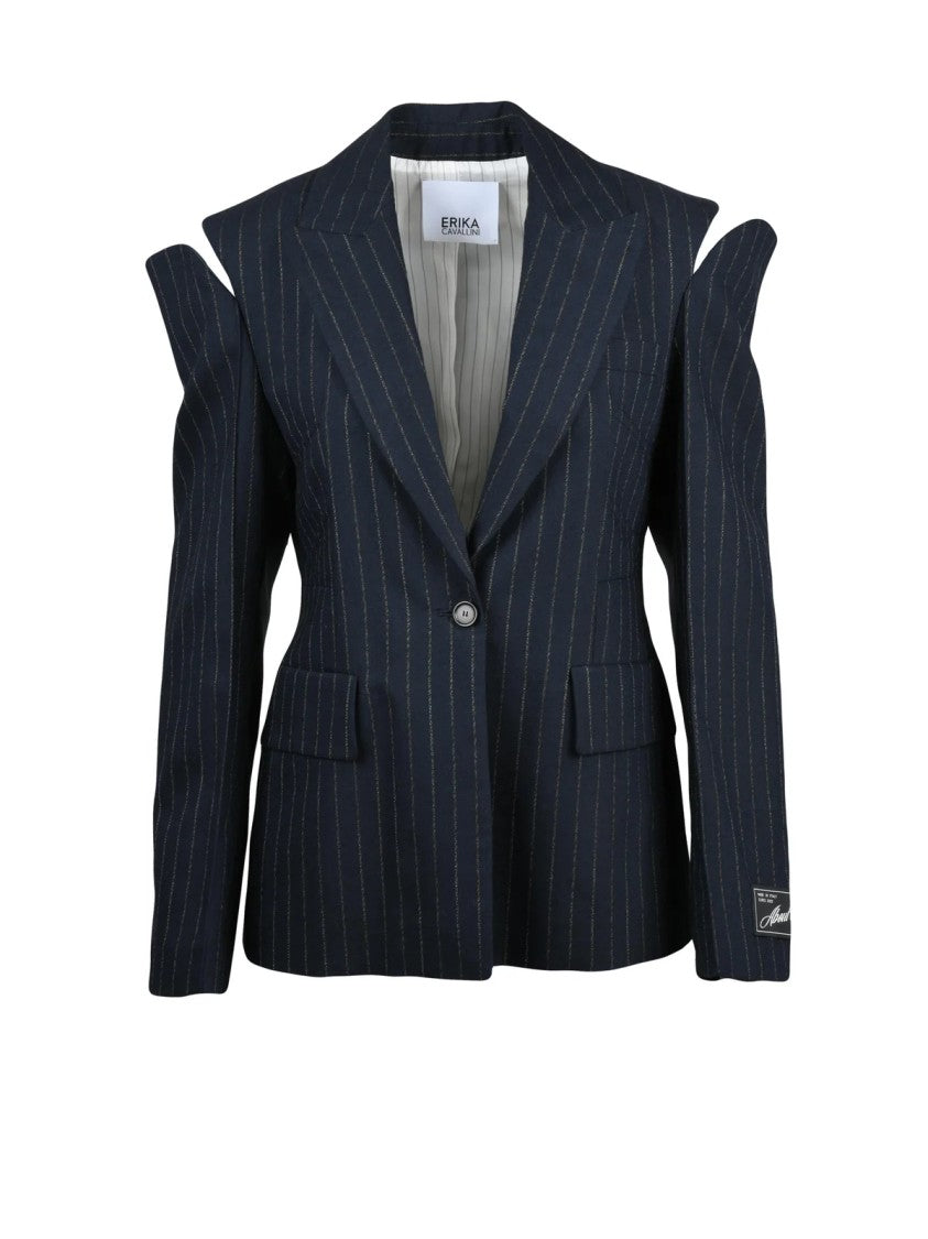 Erika Cavallini Blue Wool-Blend Fitted Pinstripe Jacket