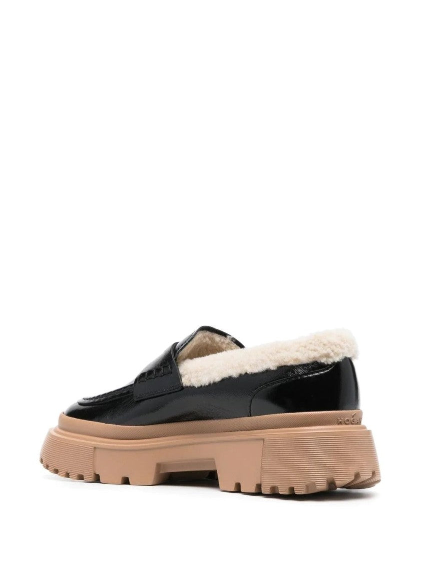 Hogan Classic Black Leather Loafers With Shearling Lining