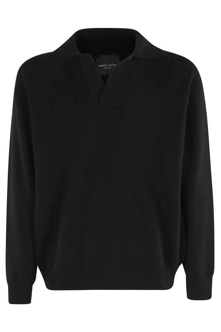 Roberto Collina Long-Sleeved Black Polo With V-Neck
