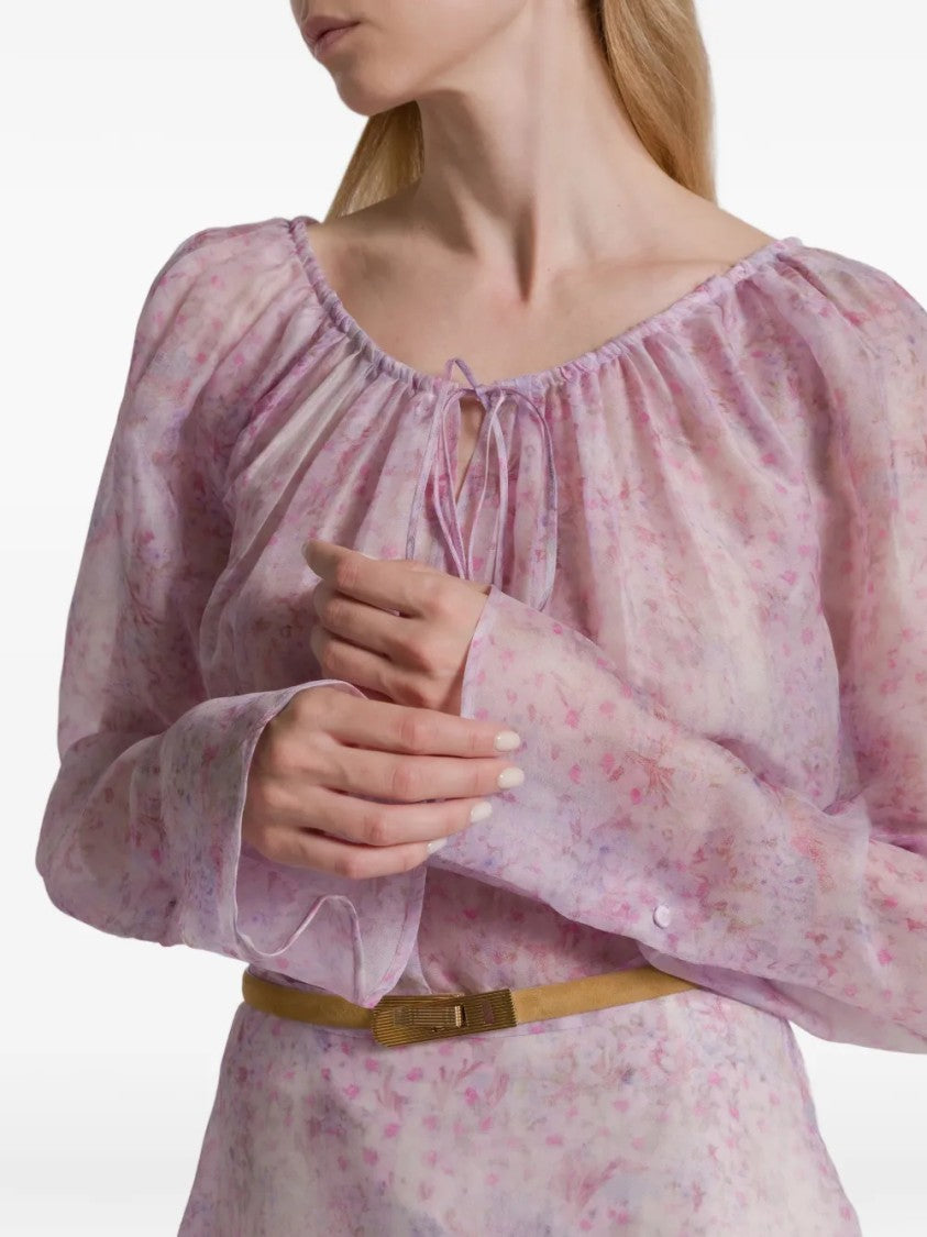 Alberta Ferretti Pastel Floral Organza Blouse With Gathered Neckline