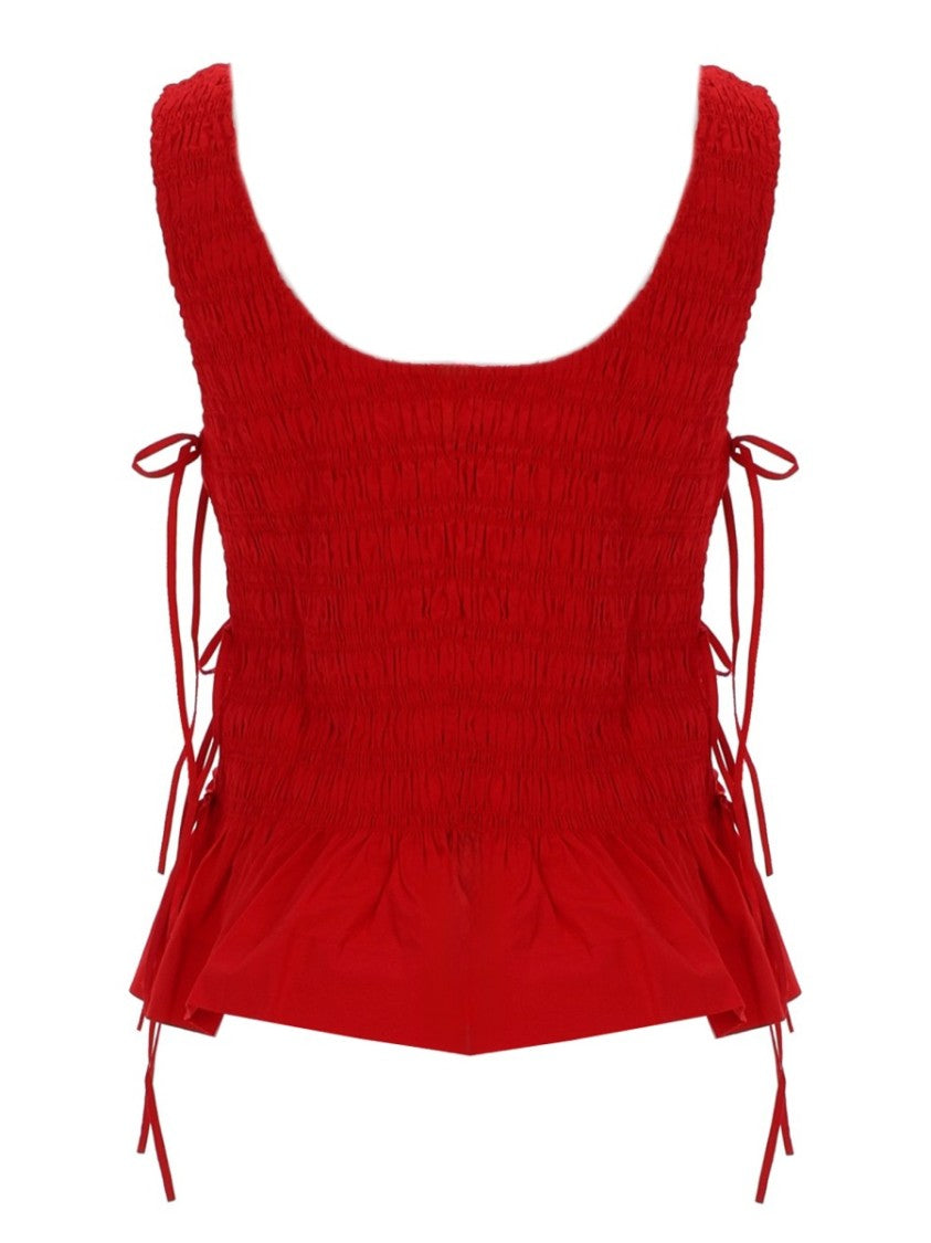 Ganni Smocked Bodice Ruffled Peplum Crop Top
