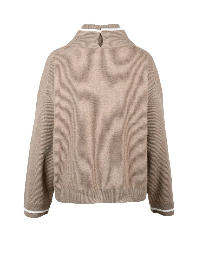 Brunello Cucinelli Beige Double Collar Ribbed Virgin Wool-Blend Sweater