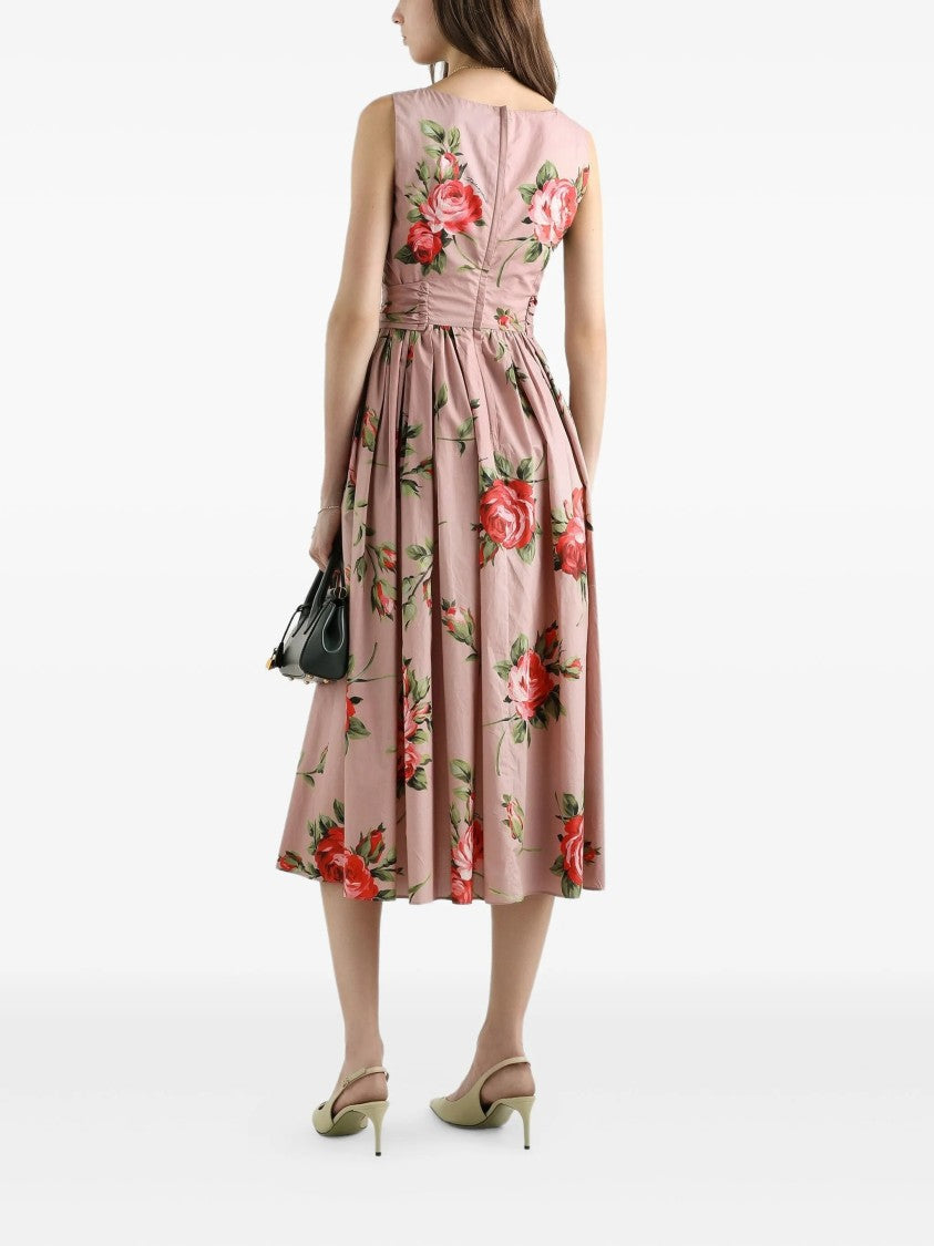 Dolce & Gabbana Sleeveless Midi Floral Pleated Cotton Dress