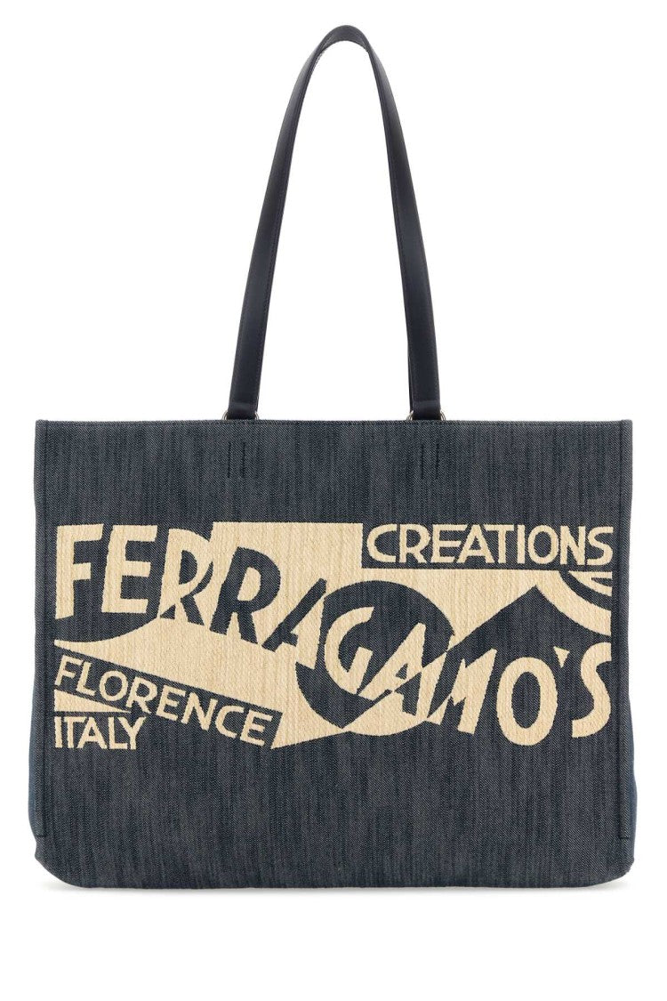 Salvatore Ferragamo Blue Denim Large Tt Sign Shopping Bag