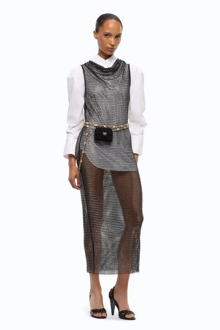 Pinko Black Polyester-Elastane Blend Mesh Cowl-Neck Dress