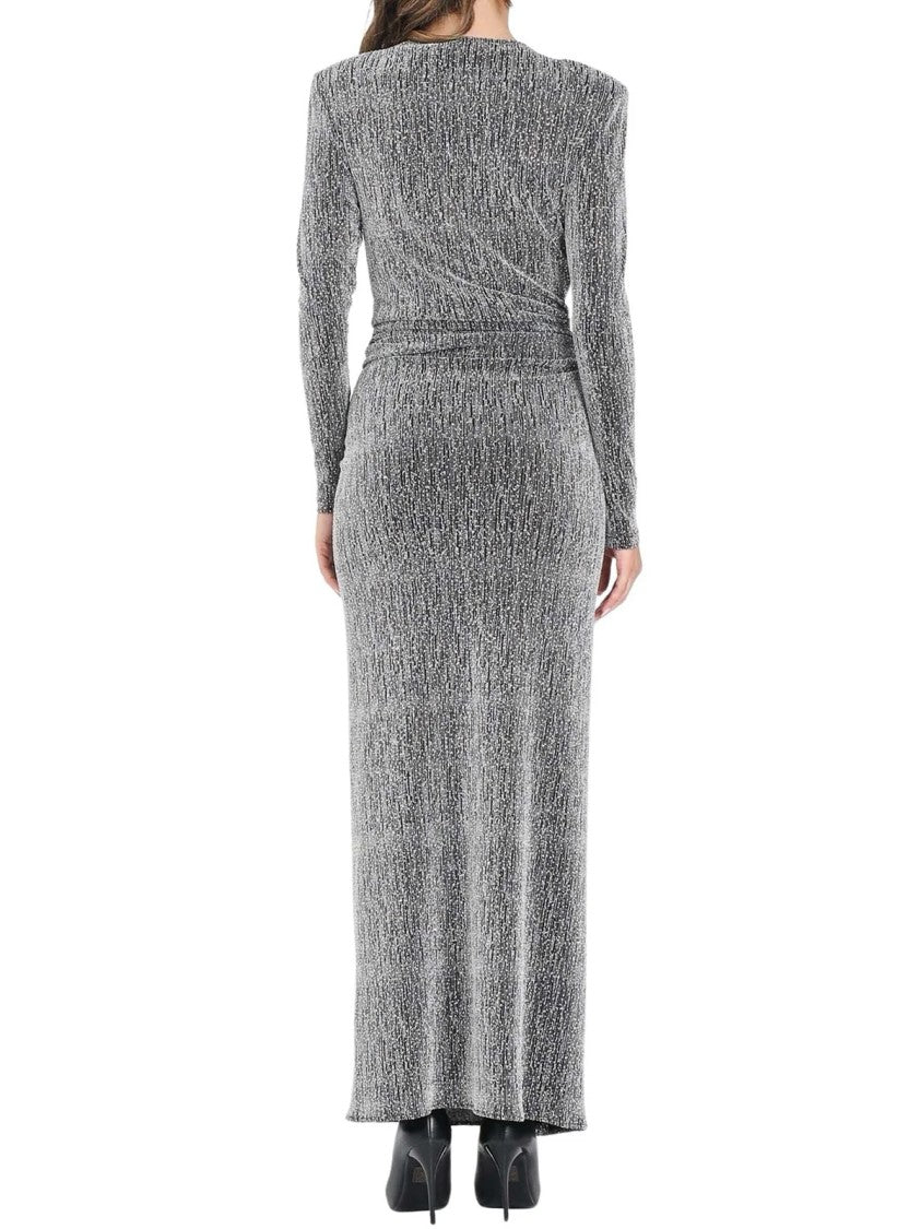 Simona Corsellini Rhinestone-Embellished Silver Maxi Dress With Deep V-Neckline