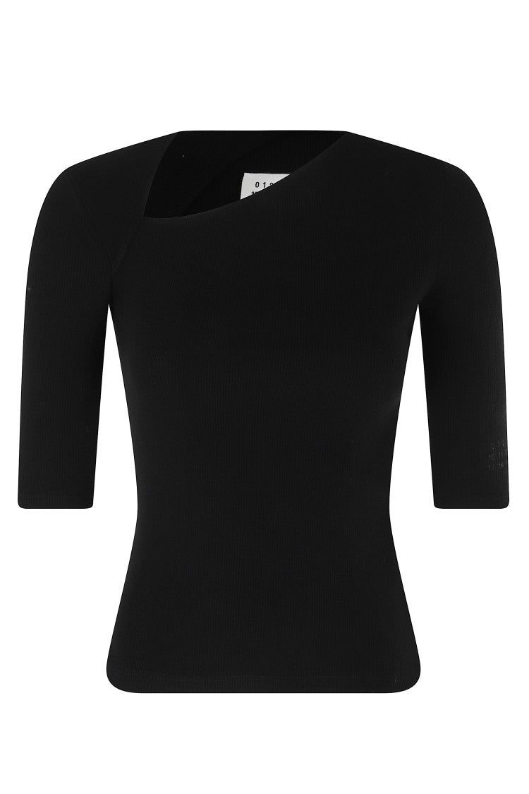 Mm6 By Maison Margiela Black Asymmetrical Ribbed Trim Cotton-Blend Top