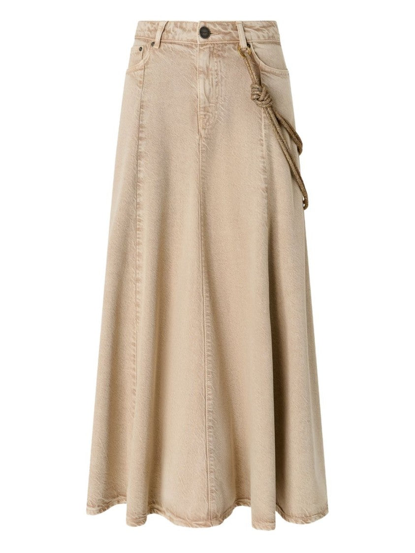 Pinko Flared Beige Midi Skirt With Decorative Rope Detail