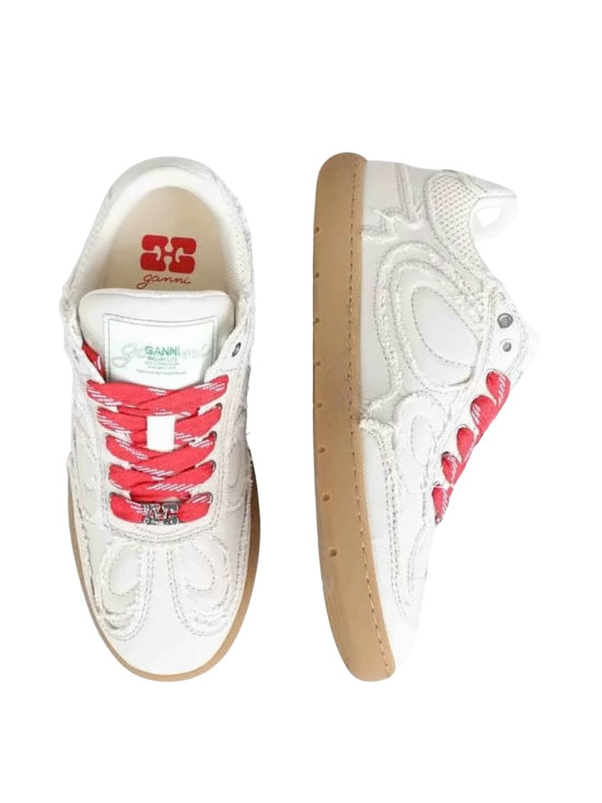 Ganni Textured White Sneakers With Red Laces