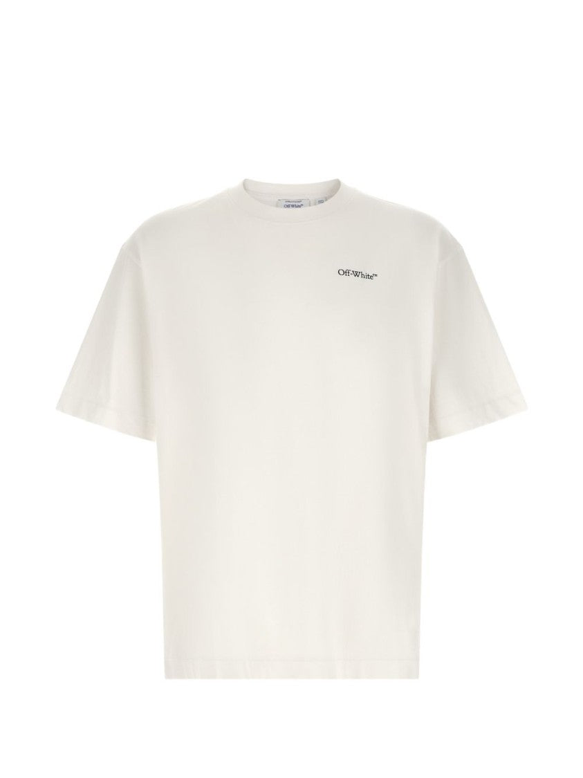Off-White Crew Neck T-Shirt With Logo Print And Side Splits