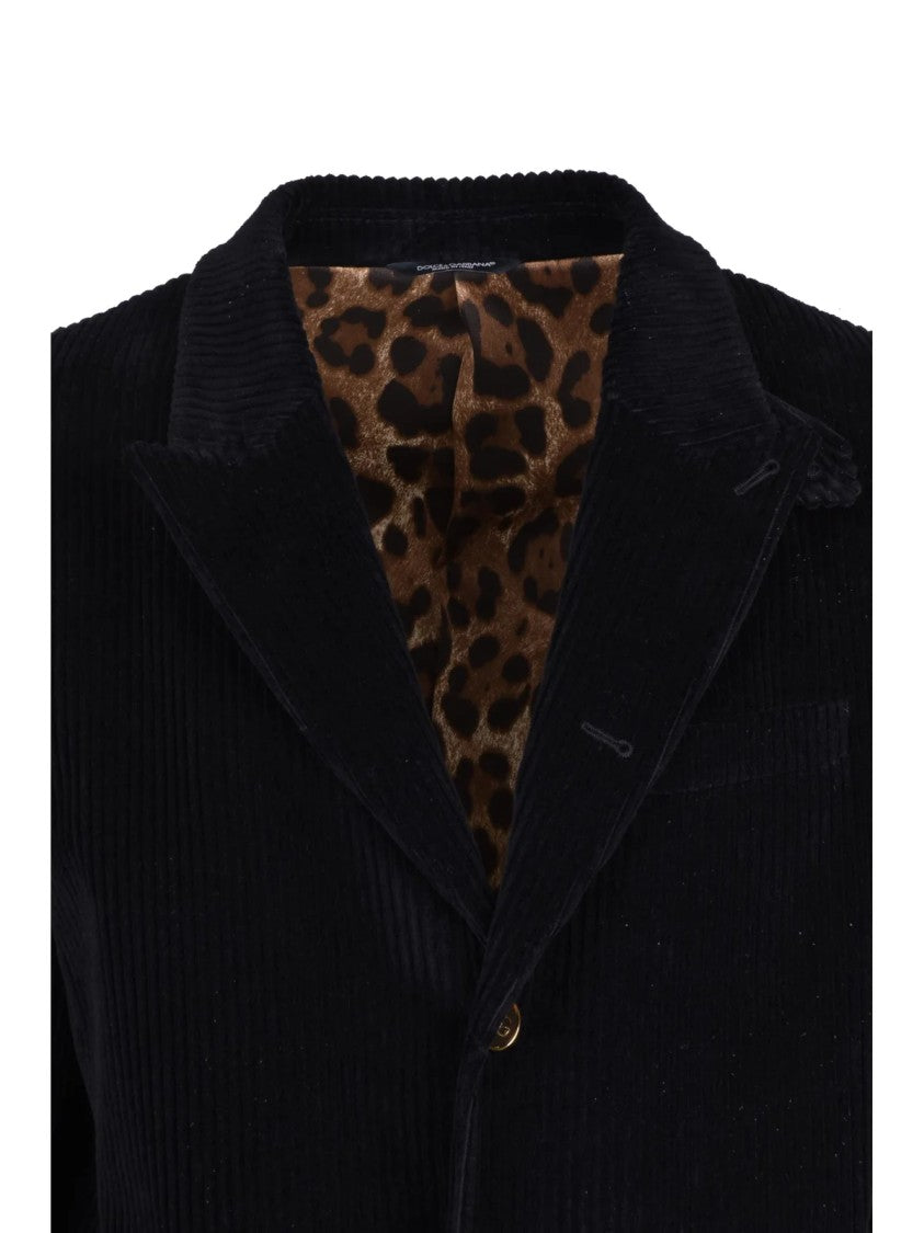 Dolce & Gabbana Corduroy Jacket With Notched Lapel And Leopard Print Lining