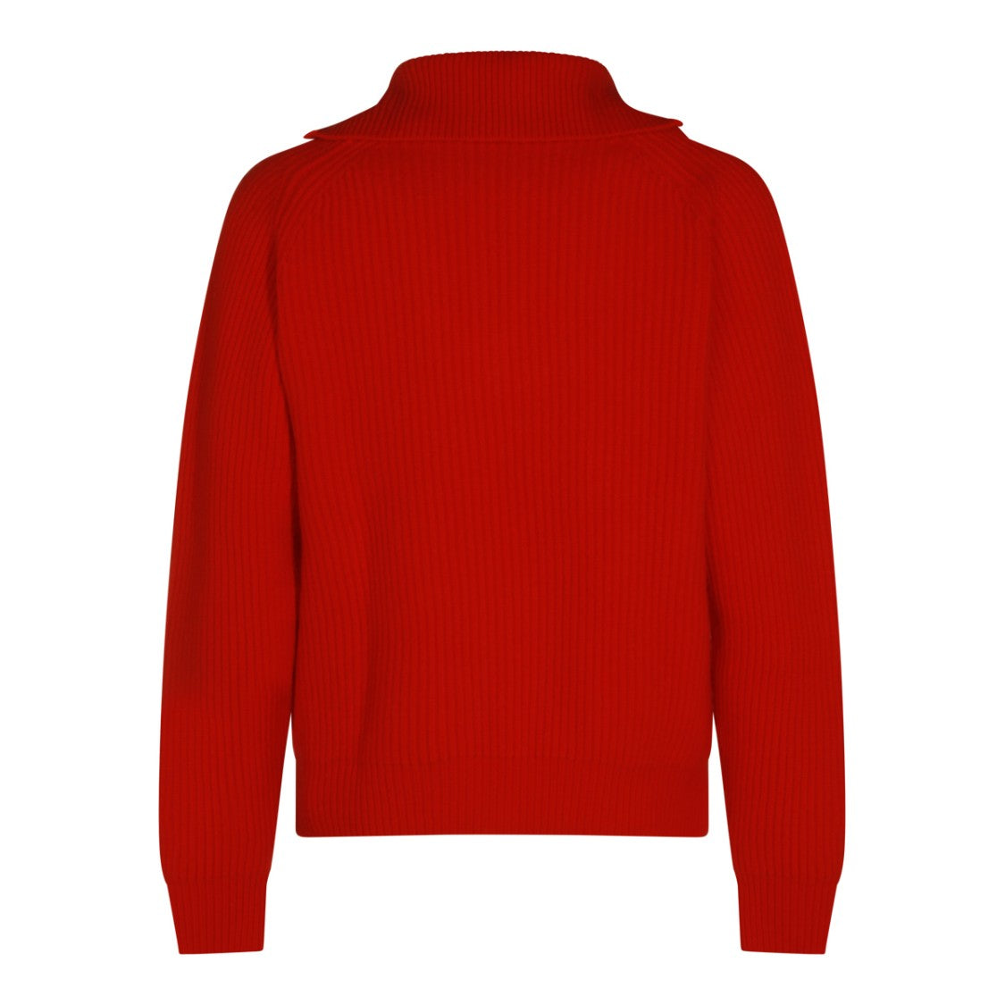 Jil Sander Red Wool Knit Sweater With High Zipped Collar And Ribbed Details