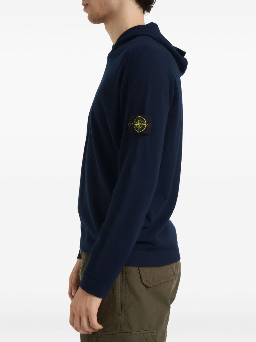 Stone Island Deep Blue Virgin Wool Hoodie With Distinctive Logo Badge