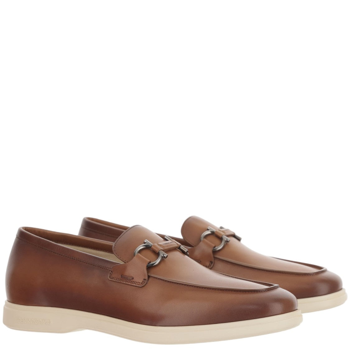 Salvatore Ferragamo Light Brown Hook Detail Leather Loafers