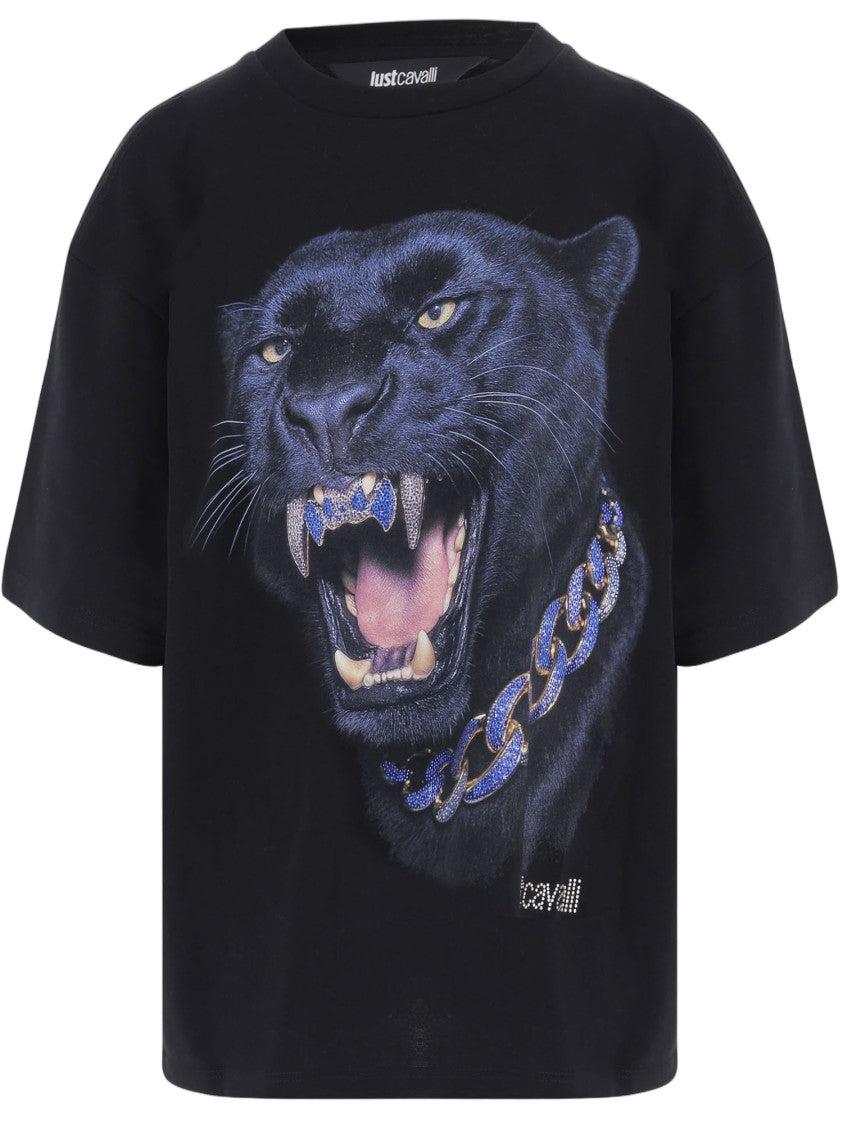 Just Cavalli Cotton T-Shirt With Bold Panther Graphic And Rhinestone Detail