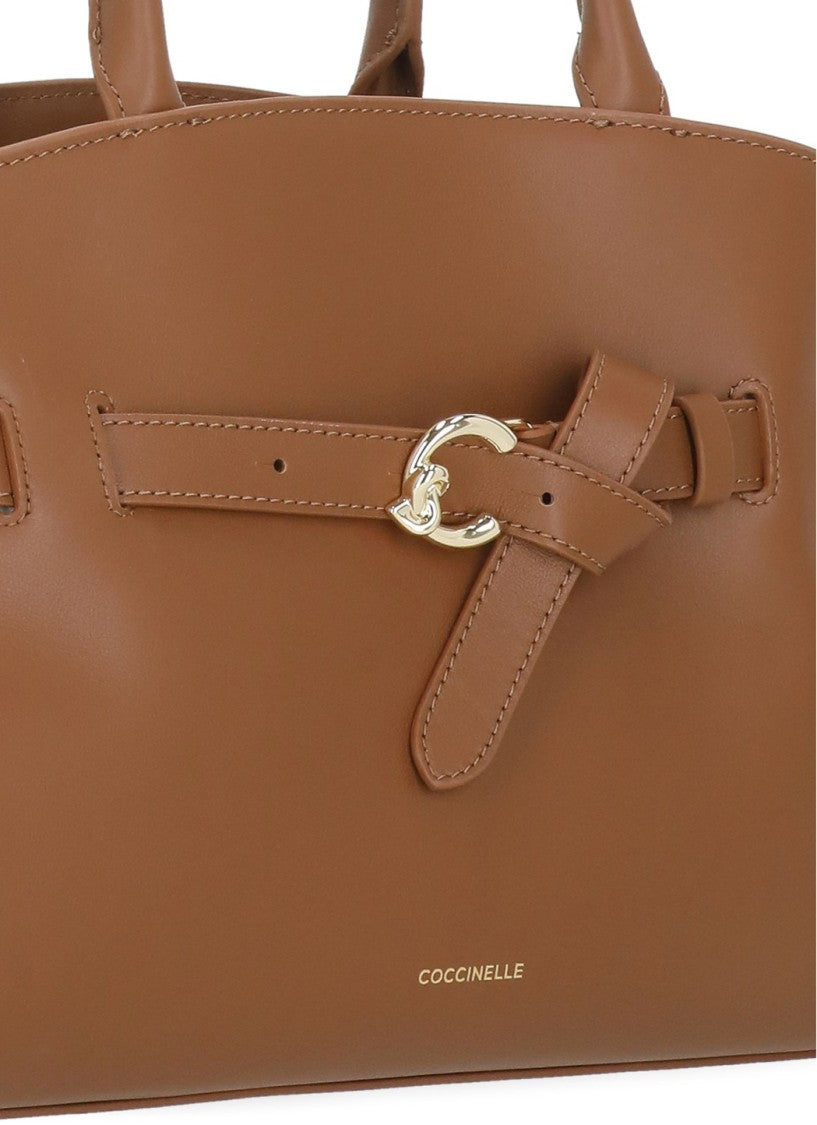 Coccinelle Structured Shoulder Bag In Smooth Brown Leather With Golden Accents