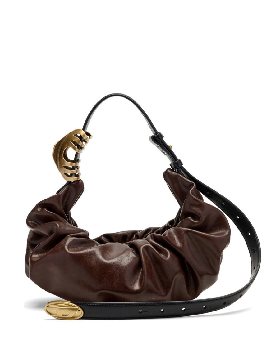 Diesel Ruched Brown Silk And Nylon Bag With Gold Hardware Accents