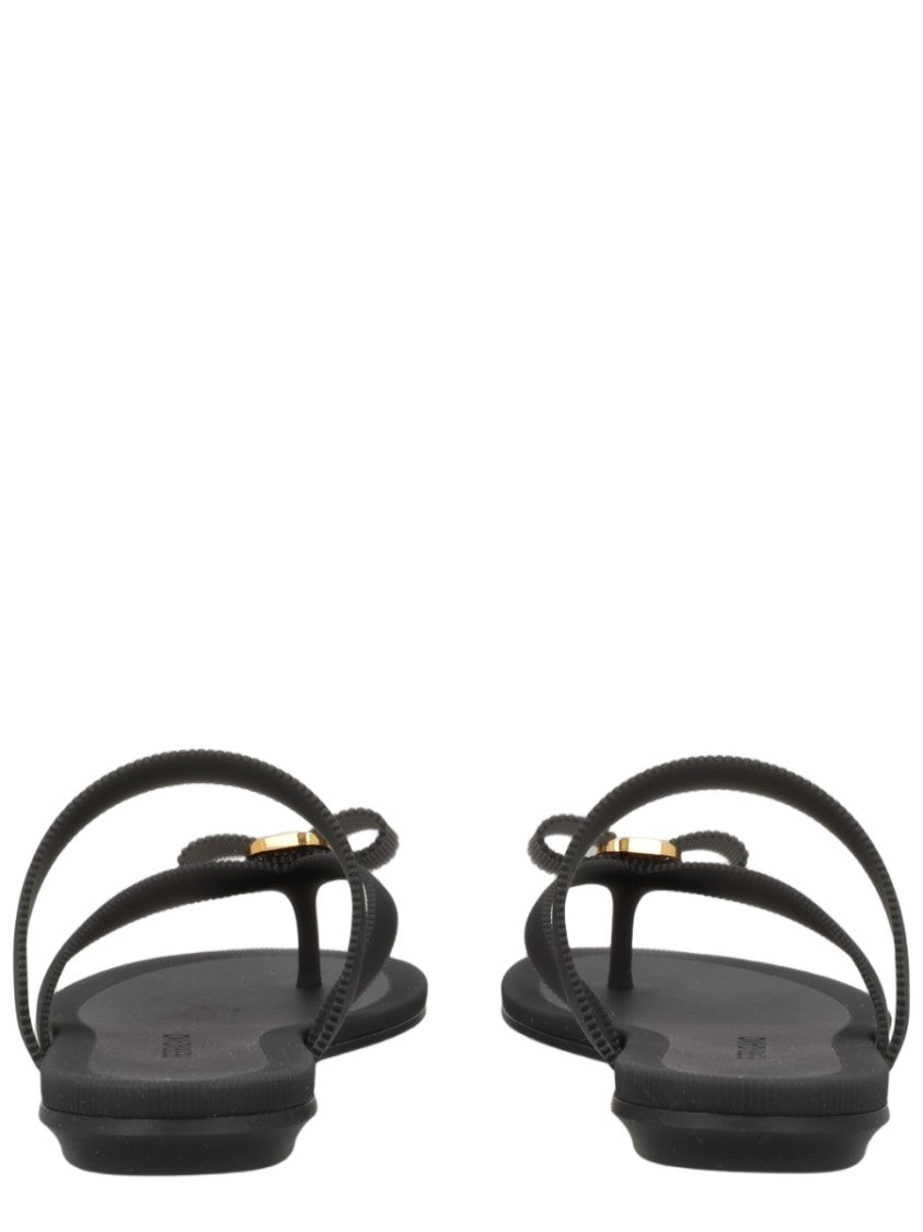 Ferragamo Black Rubber Thong Metallic Accent Sandals