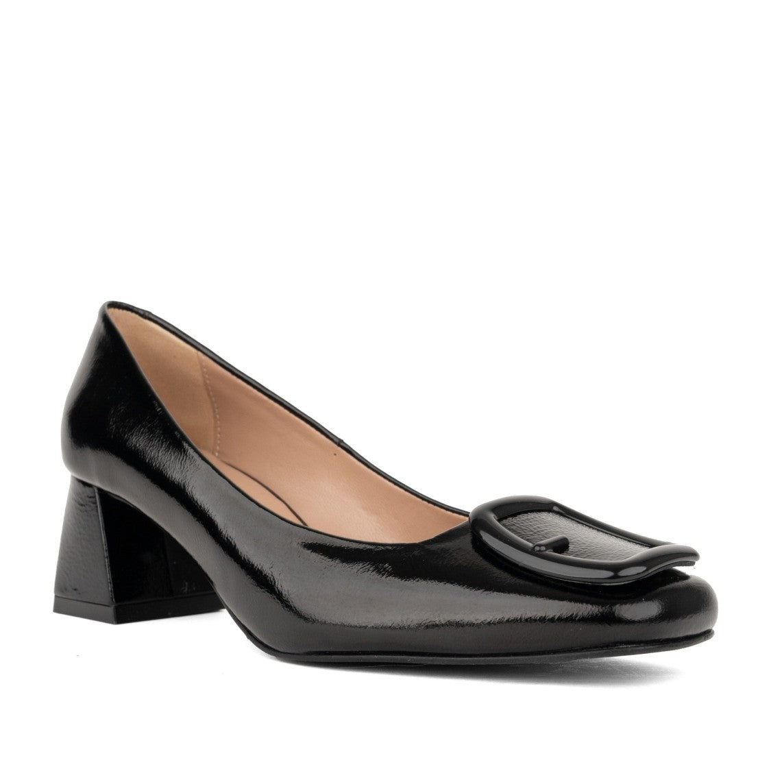 Sergio Moretti Black Glossy Rounded Buckle Detail Leather Dress Pumps