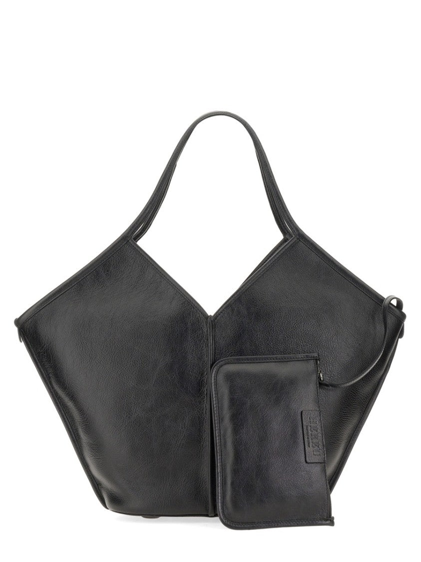 Hereu Structured Black Calf Leather Tote Bag With Distressed Finish