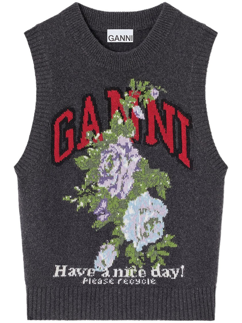 Ganni Dark Charcoal Wool Blend Floral Graphic Vest
