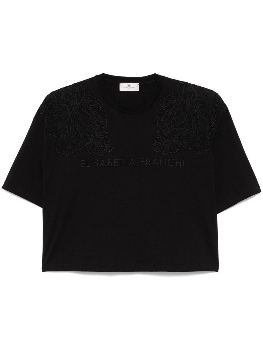Elisabetta Franchi Cropped Black T-Shirt With Floral Embroidery