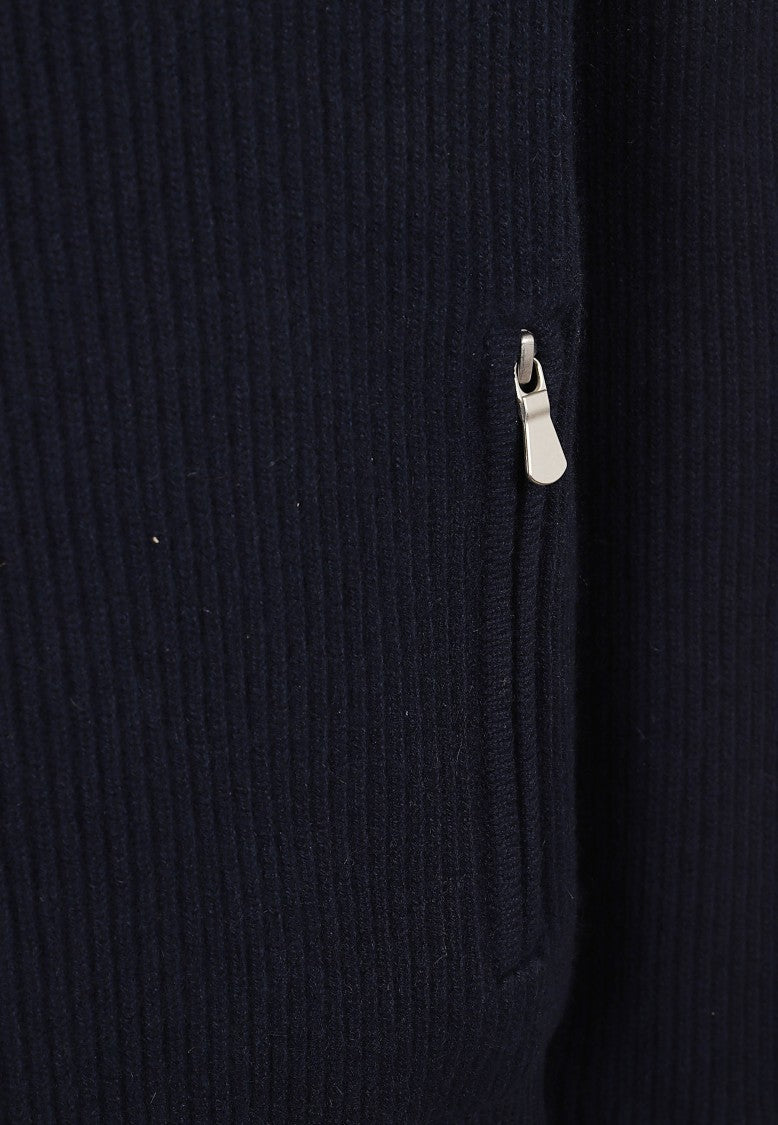 Barba Napoli Navy Blue Ribbed Faux Fur Knit Cardigan