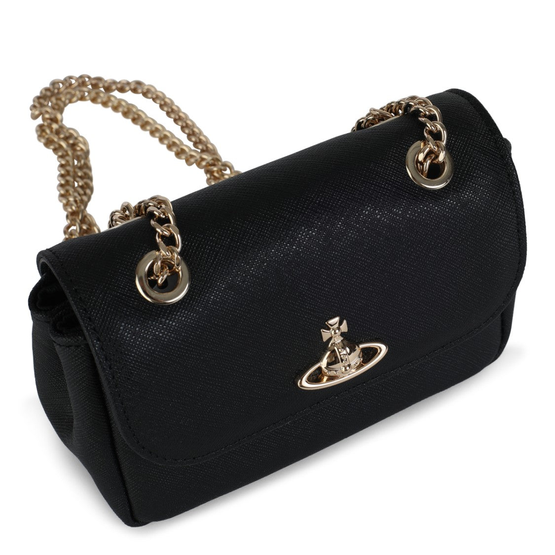 Vivienne Westwood Textured Black Leather Shoulder Bag With Gold-Tone Orb Emblem