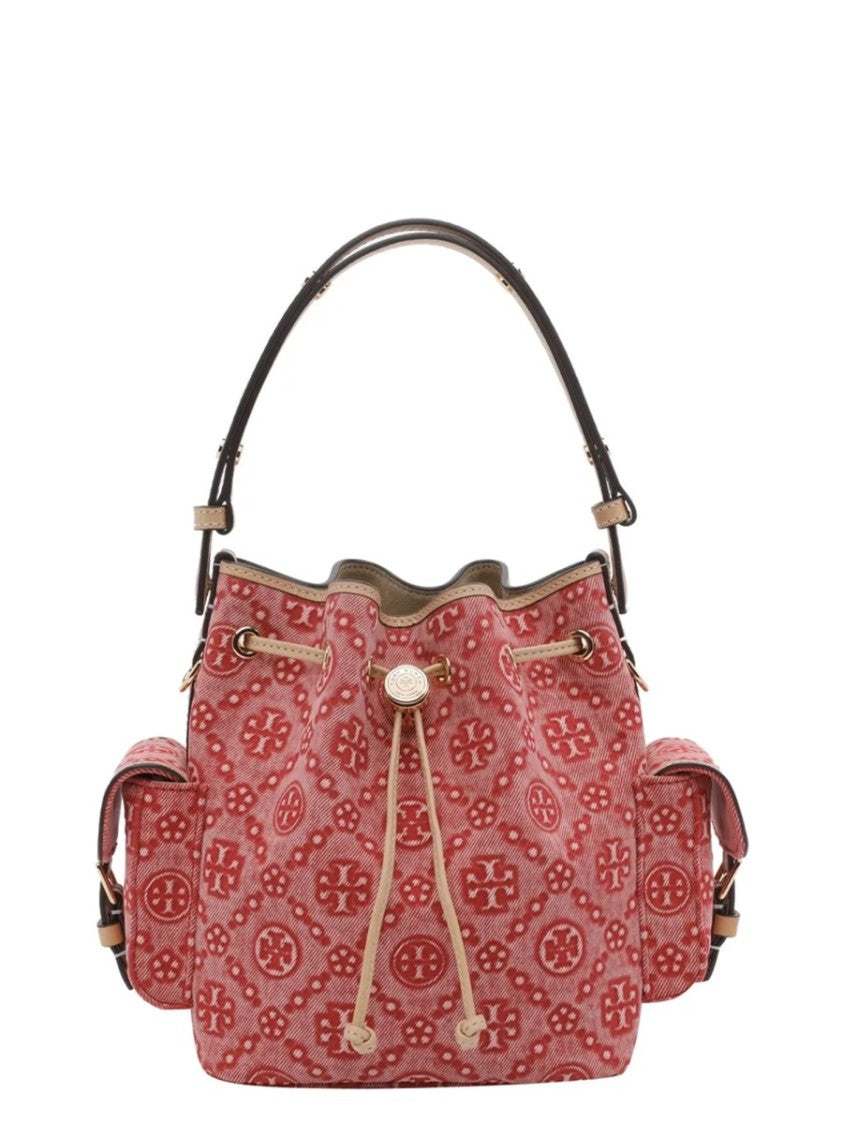 Tory Burch T-Monogram Drawstring Cotton Bucket Bag