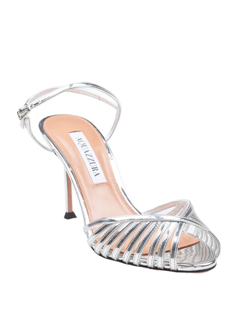 Aquazzura Hold Me 85 Sandal In Mirror-Color Leather, Silver