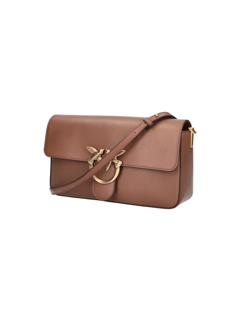Pinko Brown Leather Love Birds Flap Shoulder Bag