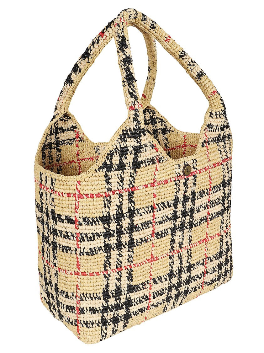 Burberry Woven Raffia Tote Bag With Check Pattern And Structured Design