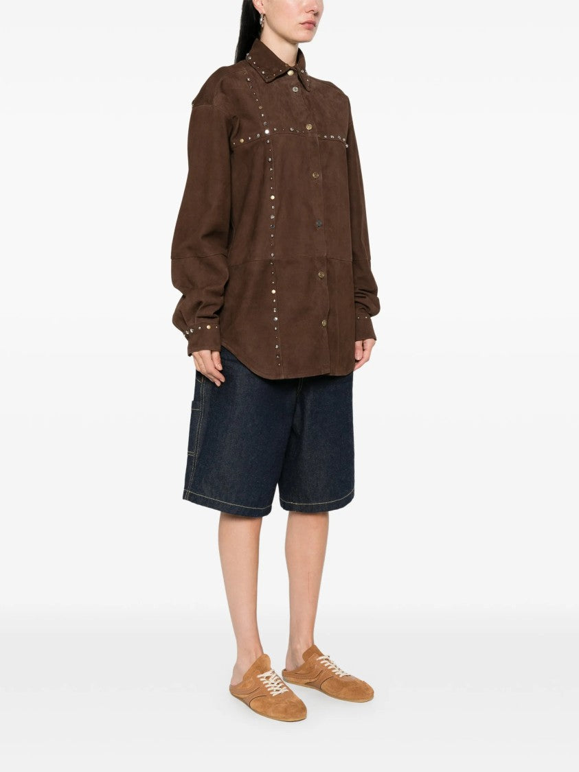 Moschino Brown Suede Shirt With Metallic Stud Detailing